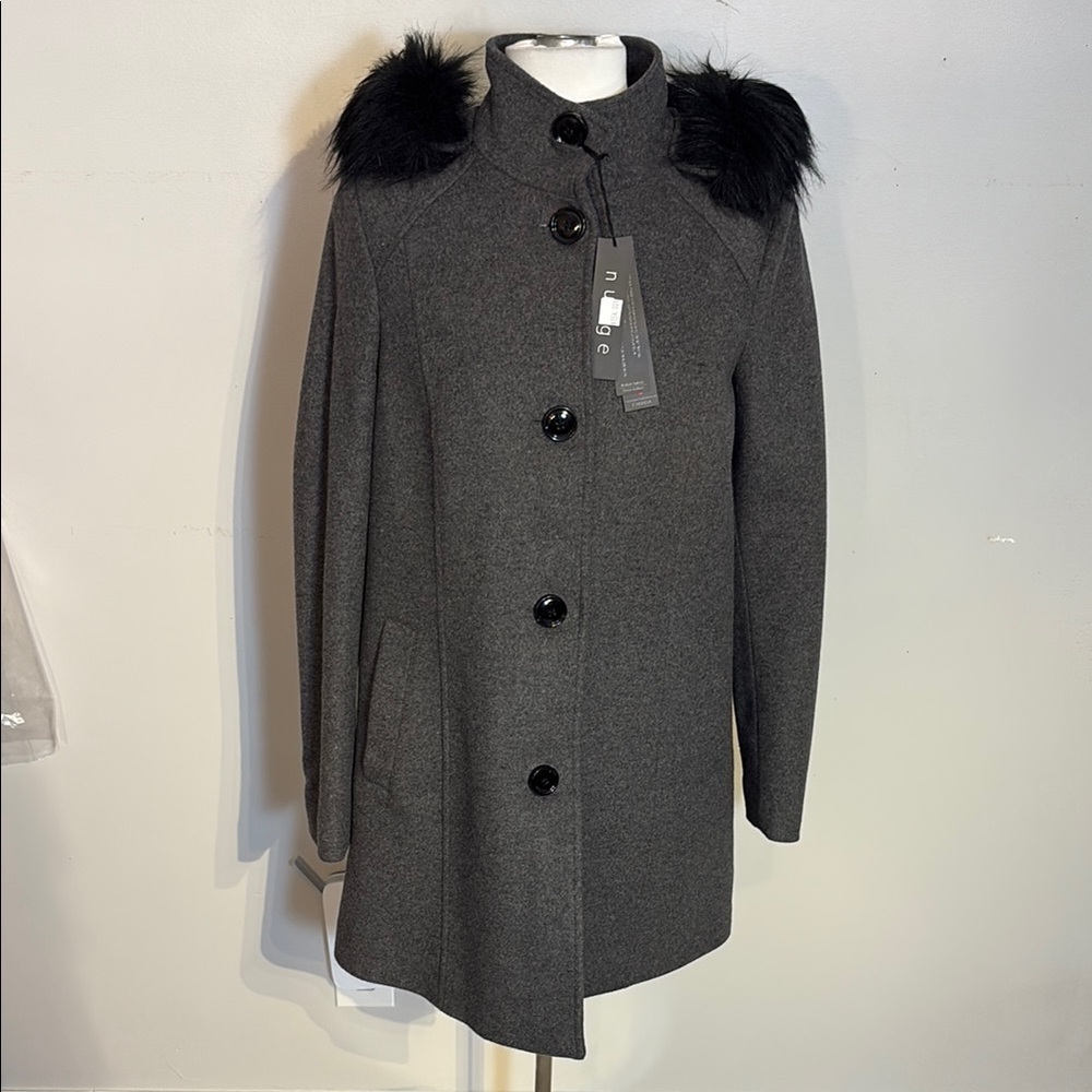 Gray Pea Coat With Black Faux Fur Collar Nwt Xs Fits Bigger